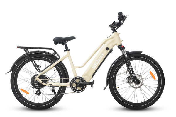 Side view of the sand beige HJM Radiant step-through electric bike with a rear rack and fenders.
