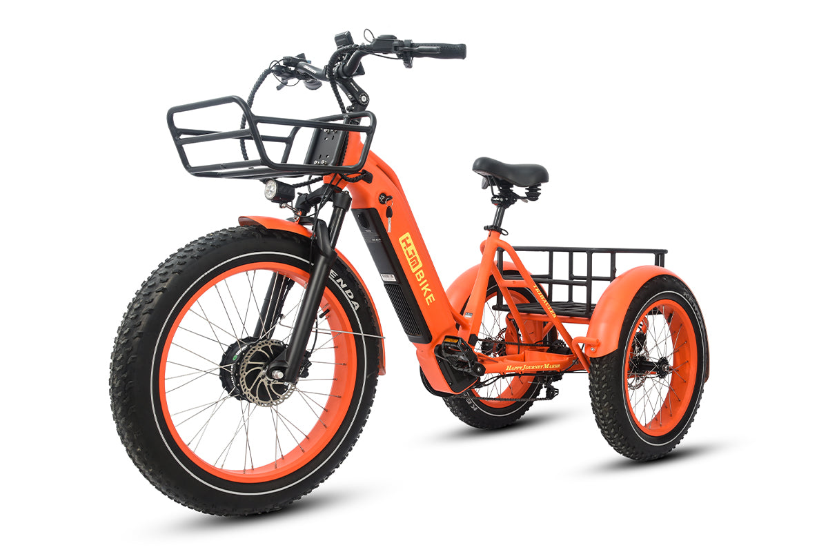 heavy duty 3 wheel bicycle TriHauler Fat Tire Utility eTrike, TriHauler Pro (Rear Drive 1000W) / Sunset Orange / Dual Battery(20Ah+20Ah) wheels and tires are built for easy riding and long life SOLD) Antique cargo trike not